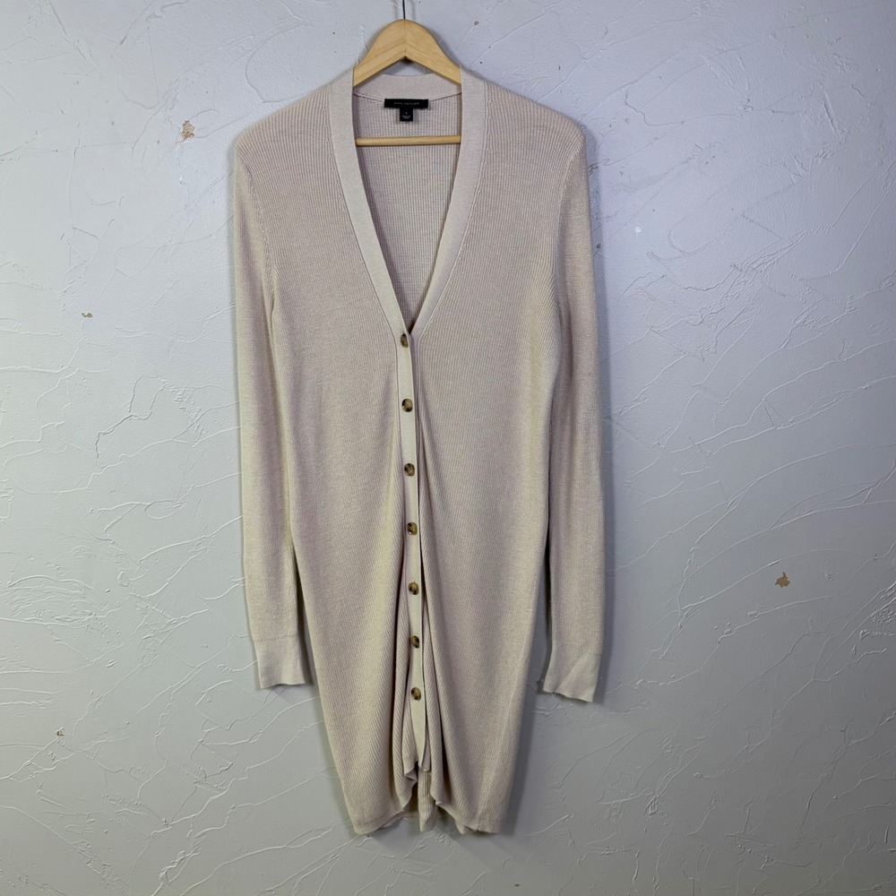 Ann Taylor Long Cardigan Sweater Womens Small Beige Ribbed Knit Duster